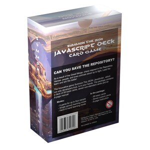 May include: A box for the Summon the JSON JavaScript Deck Card Game. The box is blue, black, and brown with a picture of a waterfall and a canyon. The text on the box reads "Summon the JSON JavaScript Deck Card Game" and "Can you save the repository?" The box also includes a list of the game's features and modes.