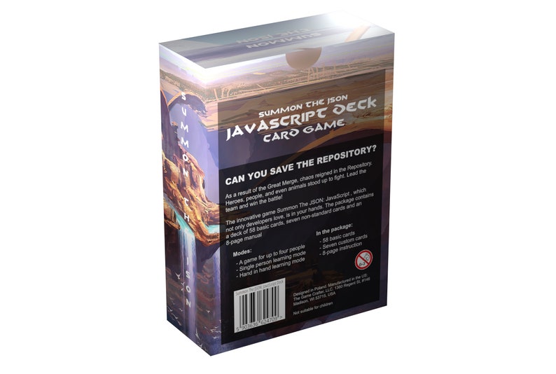 May include: A box for the Summon the JSON JavaScript Deck Card Game. The box is blue, black, and brown with a picture of a waterfall and a canyon. The text on the box reads "Summon the JSON JavaScript Deck Card Game" and "Can you save the repository?" The box also includes a list of the game's features and modes.