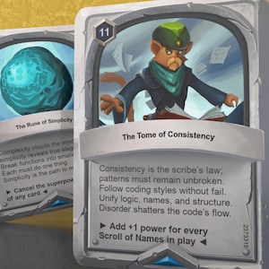 Pode incluir: Um cart&atilde;o de jogo com uma ilustra&ccedil;&atilde;o azul e verde de um gato segurando um livro. O cart&atilde;o &eacute; intitulado "O Tomo da Consist&ecirc;ncia" e cont&eacute;m o texto "A consist&ecirc;ncia &eacute; a lei do escriba; os padr&otilde;es devem permanecer intactos. Siga os estilos de codifica&ccedil;&atilde;o sem falhas. Unifique a l&oacute;gica, os nomes e a estrutura. A desordem quebra o fluxo do c&oacute;digo." O cart&atilde;o tamb&eacute;m cont&eacute;m o texto "Adicione +1 de poder para cada Rolo de Nomes em jogo."