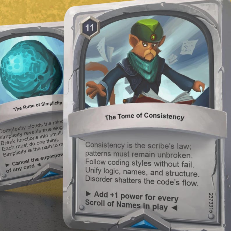 Pode incluir: Um cart&atilde;o de jogo com uma ilustra&ccedil;&atilde;o azul e verde de um gato segurando um livro. O cart&atilde;o &eacute; intitulado "O Tomo da Consist&ecirc;ncia" e cont&eacute;m o texto "A consist&ecirc;ncia &eacute; a lei do escriba; os padr&otilde;es devem permanecer intactos. Siga os estilos de codifica&ccedil;&atilde;o sem falhas. Unifique a l&oacute;gica, os nomes e a estrutura. A desordem quebra o fluxo do c&oacute;digo." O cart&atilde;o tamb&eacute;m cont&eacute;m o texto "Adicione +1 de poder para cada Rolo de Nomes em jogo."