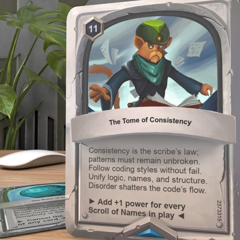 Pode incluir: Um cart&atilde;o de jogo de cartas com uma ilustra&ccedil;&atilde;o de desenho animado de uma criatura parecida com uma raposa usando um chap&eacute;u verde e segurando um livro. O cart&atilde;o &eacute; intitulado "The Tome of Consistency" e tem o texto "Consistency is the scribe's law; patterns must remain unbroken. Follow coding styles without fail. Unify logic, names, and structure. Disorder shatters the code's flow. Add +1 power for every Scroll of Names in play."