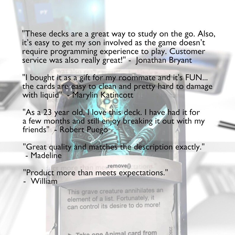 Pode incluir: Um close-up de uma caixa de jogo de cartas com uma ilustra&ccedil;&atilde;o de esqueleto. A caixa tem texto que diz "Esses baralhos s&atilde;o uma &oacute;tima maneira de estudar em movimento. Al&eacute;m disso, &eacute; f&aacute;cil envolver meu filho, pois o jogo n&atilde;o requer experi&ecirc;ncia em programa&ccedil;&atilde;o para jogar. O atendimento ao cliente tamb&eacute;m foi realmente &oacute;timo!" - Jonathan Bryant. "Comprei como presente para meu colega de quarto e &eacute; DIVERTIDO... as cartas s&atilde;o f&aacute;ceis de limpar e bastante dif&iacute;ceis de danificar com l&iacute;quido" - Marylin Katincott. "Como um jovem de 23 anos, adoro este baralho. Tenho-o h&aacute; alguns meses e ainda gosto de tir&aacute;-lo com os meus amigos" - Robert Puego. "&Oacute;tima qualidade e corresponde exatamente &agrave; descri&ccedil;&atilde;o." - Madeline. "Produto que excede as expectativas." - William.