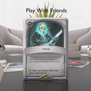 Pode incluir: Um cart&atilde;o de jogo de cartas azul e branco com uma figura esquel&eacute;tica segurando uma espada. O cart&atilde;o &eacute; intitulado '.remove()' e tem o texto 'Esta criatura de t&uacute;mulo aniquila um elemento de uma lista. Felizmente, pode controlar o seu desejo de fazer mais!' e 'Pegue um cart&atilde;o Animal do seu oponente'.