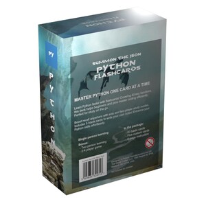 Pode incluir: Uma caixa de flashcards de Python com uma ilustra&ccedil;&atilde;o de drag&atilde;o. A caixa &eacute; azul e verde com o texto "Summon the ISON Python Flashcards" e "Master Python One Card at a Time".