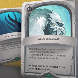 Puede incluir: Una carta coleccionable con una ilustración de un yeti de dibujos animados y el texto "What's onMounted?" y el número 11. La carta incluye instrucciones del juego y el texto "Toma una carta de Animal de tu oponente."