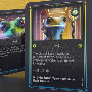 May include: A digital card game card with a green and blue frog illustration. The card text reads "cmp() This is The Great Comparator immune to the charm of distinct objects which only appear to be identical."