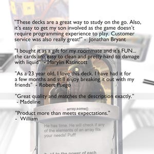 May include: A close-up of a card game box with customer reviews printed on the side. The reviews are positive and highlight the game's ease of play and fun factor. The box features a green and black illustration of a creature with a large head and sharp teeth.