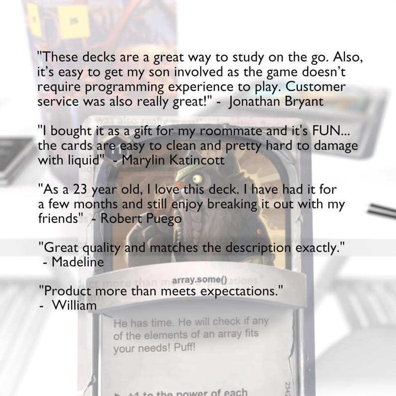 May include: A close-up of a card game box with customer reviews printed on the side. The reviews are positive and highlight the game's ease of play and fun factor. The box features a green and black illustration of a creature with a large head and sharp teeth.