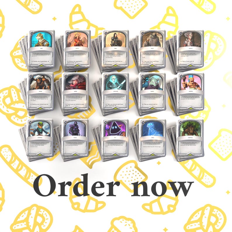 Pode incluir: Um conjunto de 16 cartas colecion&aacute;veis com v&aacute;rios personagens e ilustra&ccedil;&otilde;es. As cartas s&atilde;o prateadas com bordas brancas e apresentam uma variedade de personagens, incluindo um goblin, um mago e um cavaleiro. As cartas est&atilde;o dispostas em quatro filas de quatro. O texto "Encomendar agora" est&aacute; na parte inferior da imagem.