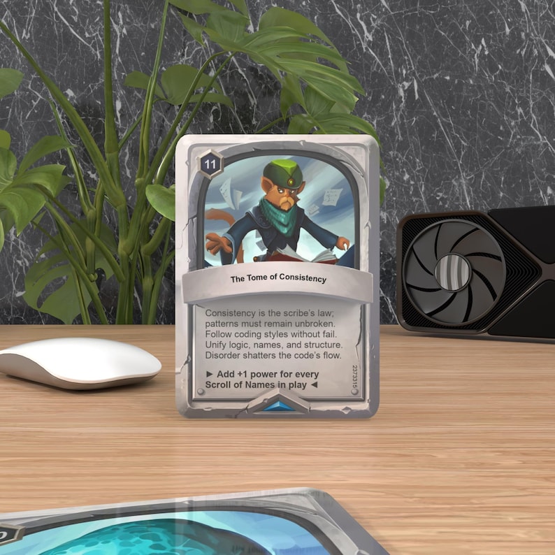 Pode incluir: Um cart&atilde;o de jogo de cartas com uma ilustra&ccedil;&atilde;o de desenho animado de um macaco usando um chap&eacute;u verde e segurando um livro. O cart&atilde;o &eacute; intitulado "The Tome of Consistency" e tem o texto "Consistency is the scribe's law, patterns must remain unbroken. Follow coding styles without fail. Unify logic, names, and structure. Disorder shatters the code's flow. Add +1 power for every Scroll of Names in play."