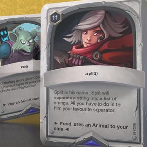 Peut inclure: Une carte de jeu de cartes avec un fond blanc et une bordure grise. La carte représente une femme aux cheveux blancs et une cape à capuche rouge. La carte est intitulée ".split()" et contient le texte "Split is his name. Split will separate a string into a list of strings. All you have to do is tell him your favourite separator." La carte comporte également une flèche bleue pointant vers la droite avec le texte "Food lures an Animal to your side".