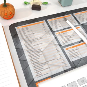 Puede incluir: Primer plano de un teclado blanco con teclas naranjas y negras. El teclado está sobre una superficie gris con un bolígrafo blanco y una hoja de papel con una lista de atajos de teclado para editar, tareas generales y depuración. El papel tiene un diseño negro y naranja.