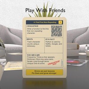 K&ouml;nnte beinhalten: Eine farbenfrohe Illustration einer Programmierherausforderung mit dem Text "Spiele mit Freunden" und "Finde das erste nicht wiederholende Zeichen". Die Herausforderung besteht darin, eine Funktion zu schreiben, um das erste nicht wiederholende Zeichen in einer Zeichenkette zu finden. Die Illustration enth&auml;lt Hinweise, eine lustige Tatsache und Vokabeln.