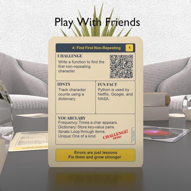 K&ouml;nnte beinhalten: Eine farbenfrohe Illustration einer Programmierherausforderung mit dem Text "Spiele mit Freunden" und "Finde das erste nicht wiederholende Zeichen". Die Herausforderung besteht darin, eine Funktion zu schreiben, um das erste nicht wiederholende Zeichen in einer Zeichenkette zu finden. Die Illustration enth&auml;lt Hinweise, eine lustige Tatsache und Vokabeln.