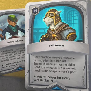 May include: A fantasy card game card with a white wolf wearing a brown helmet and armor. The card is called "Skill Weaver" and has the text "Daily practice weaves mastery, turning effort into true art. Spend 15 minutes honing skills. Don't rush-focus like a wizard. Small steps shape a hero's path. Add +1 power for every card in play."