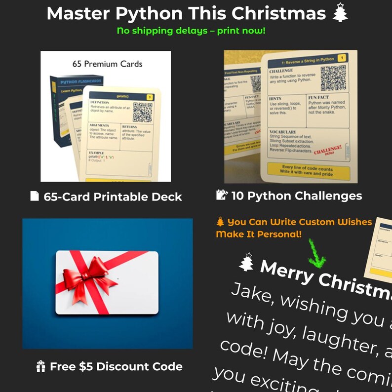 K&ouml;nnte beinhalten: Ein druckbares Kartenset mit 65 Karten und einem Weihnachtsbaumdesign. Die Karten zeigen eine rote Schleife und den Text "Master Python This Christmas". Der Text "65-Card Printable Deck" ist ebenfalls enthalten. Ein kostenloser Rabattcode von 5 $ wird angeboten.