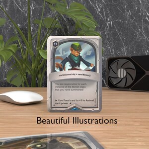 May include: A digital illustration of a card game featuring a cartoon monkey wearing a green hat and a blue coat. The card has the text "var/let/const obj = new Minion()" and "You are responsible for each instance of the Minion class that you have summoned!" The card also has the text "Use Food card to +3 to Animal card power".