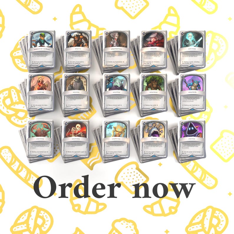 May include: A set of 18 collectible cards featuring various fantasy characters and creatures. The cards are silver with a white border and feature colorful illustrations. The text "Order now" is displayed at the bottom of the image.