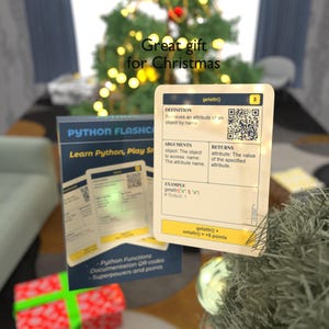 K&ouml;nnte beinhalten: Ein Satz gelber und wei&szlig;er Karteikarten mit dem Text "Python Flashcards" und "Learn Python, Play Smart". Die Karten zeigen einen QR-Code und den Text "getattr()" und "setattr() + 5 points".