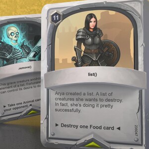 Pode incluir: Um cart&atilde;o de jogo de cartas de fantasia com uma mulher de armadura segurando uma espada e um escudo. O cart&atilde;o &eacute; intitulado "list()" e o texto diz "Arya criou uma lista. Uma lista de criaturas que ela quer destruir. Na verdade, ela est&aacute; fazendo isso muito bem." O cart&atilde;o tamb&eacute;m tem uma a&ccedil;&atilde;o de jogo: "Destrua um cart&atilde;o de Comida."
