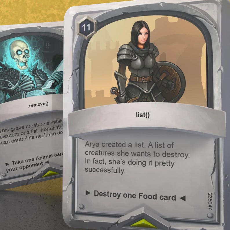 Pode incluir: Um cart&atilde;o de jogo de cartas de fantasia com uma mulher de armadura segurando uma espada e um escudo. O cart&atilde;o &eacute; intitulado "list()" e o texto diz "Arya criou uma lista. Uma lista de criaturas que ela quer destruir. Na verdade, ela est&aacute; fazendo isso muito bem." O cart&atilde;o tamb&eacute;m tem uma a&ccedil;&atilde;o de jogo: "Destrua um cart&atilde;o de Comida."