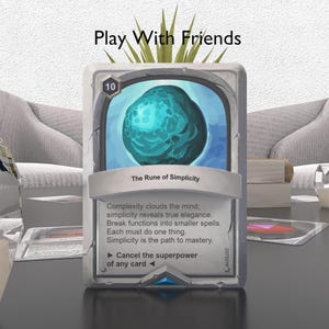 Pode incluir: Um cart&atilde;o de jogo de cartas azul e verde com o texto "The Rune of Simplicity" e o n&uacute;mero "10" no canto superior esquerdo. O cart&atilde;o tem um orbe azul e verde no centro e um texto que diz "Complexity clouds the mind; simplicity reveals true elegance. Break functions into smaller spells. Each must do one thing. Simplicity is the path to mastery. Cancel the superpower of any card."