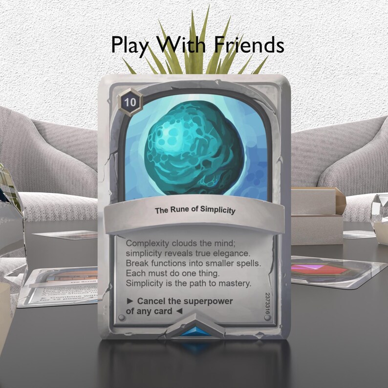 Pode incluir: Um cart&atilde;o de jogo de cartas azul e verde com o texto "The Rune of Simplicity" e o n&uacute;mero "10" no canto superior esquerdo. O cart&atilde;o tem um orbe azul e verde no centro e um texto que diz "Complexity clouds the mind; simplicity reveals true elegance. Break functions into smaller spells. Each must do one thing. Simplicity is the path to mastery. Cancel the superpower of any card."