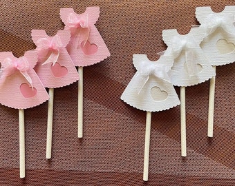 Baby shower cupcake toppers for girls/Christening cupcake toppers for girls/First birthday /Little dress/ Pink and white
