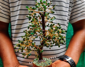 Dark Green Jade Tree - Natural Gemstone Tree - Crystal Tree - Gold Wire Wrapped