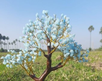 Blue Onyx Crystals  Tree Of Life with wooden  Base - Blue Onyx Tree by Gemstone Tree - Trending Crystal Gift