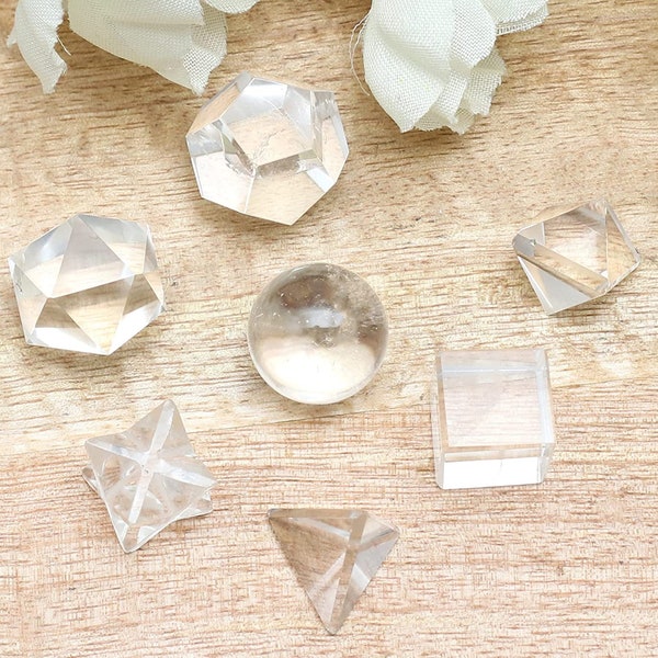 Natural Clear Crystal Quartz Geometry 7 Pcs Platonic Solid Set In Wooden Box & velvet pouch, Sacred Geometry, Chakra Stone, Healing Crystals
