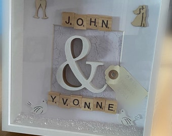 Personalised Mr & Mrs, Mr and Mr or Mrs and Mrs Wedding Day Scrabble Frame Gift.