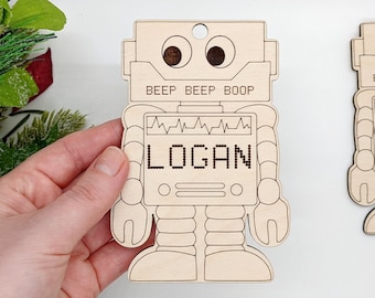 Custom Wooden Robot Christmas Ornament with Name for Kids | Custom Stocking Name Tag