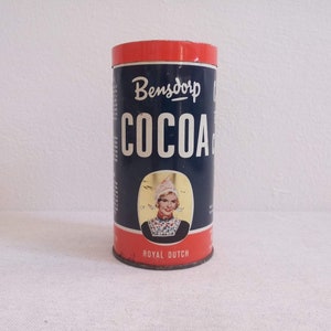 Bensdorp legendary smiling woman with a traditional scarf cacao-cocoa tin box, Royal Dutch decorative kitchen canister, vintage of 1970s image 1