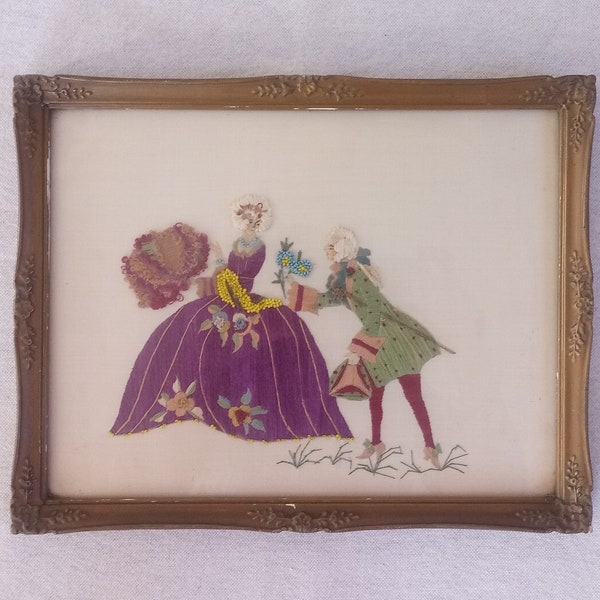 Flamboyant bead embroidery, courtship, high society couple in extravagant wardrobes, carved frame, vintage, probable antique, one of two