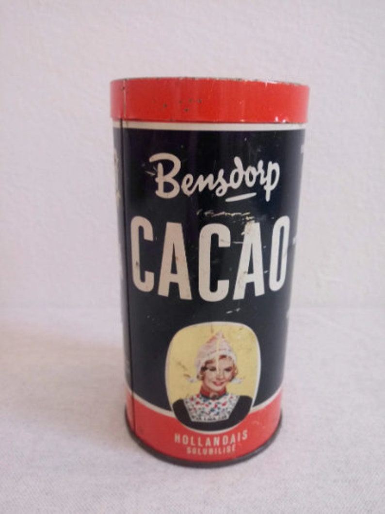 Bensdorp legendary smiling woman with a traditional scarf cacao-cocoa tin box, Royal Dutch decorative kitchen canister, vintage of 1970s image 8