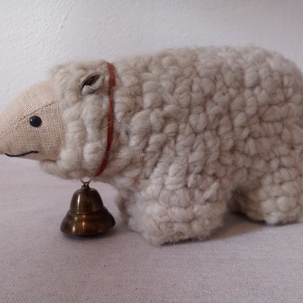 Superb collectible plush, compact stuffed wool-glass-eye sheep with a bell, happy animal toy, lovely vintage Christmas decor in great shape