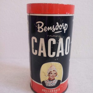 Bensdorp legendary smiling woman with a traditional scarf cacao-cocoa tin box, Royal Dutch decorative kitchen canister, vintage of 1970s image 4