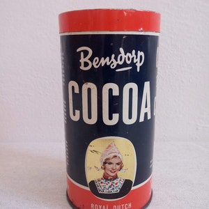Bensdorp legendary smiling woman with a traditional scarf cacao-cocoa tin box, Royal Dutch decorative kitchen canister, vintage of 1970s image 2