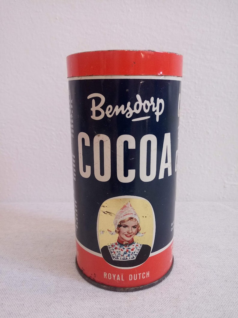 Bensdorp legendary smiling woman with a traditional scarf cacao-cocoa tin box, Royal Dutch decorative kitchen canister, vintage of 1970s image 2