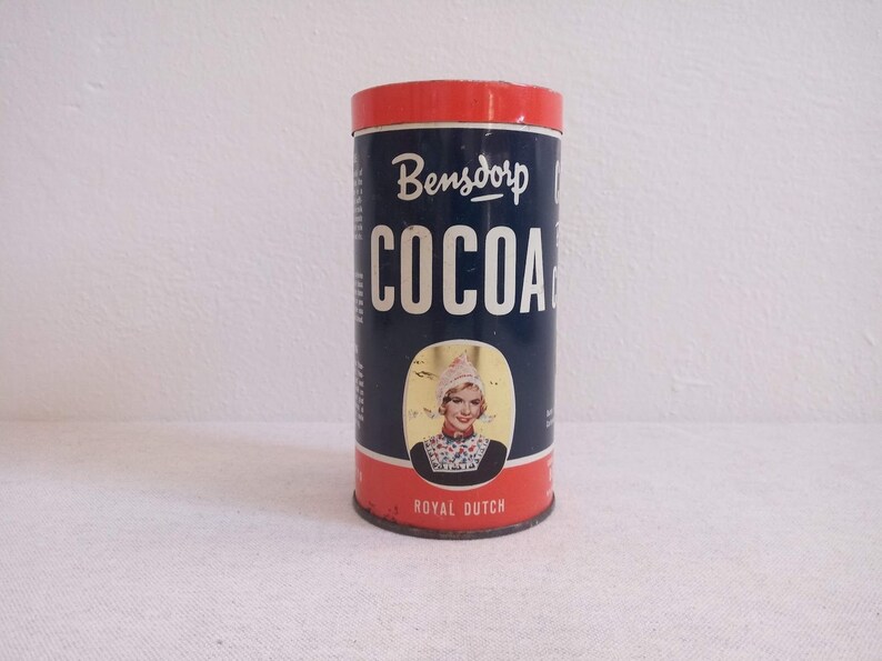 Bensdorp legendary smiling woman with a traditional scarf cacao-cocoa tin box, Royal Dutch decorative kitchen canister, vintage of 1970s image 1