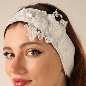 Bride Headbands , Linen embroidery headband, Bridal White Floral Bandana, Flower headband Wedding Turban for Minimalist wedding image 1