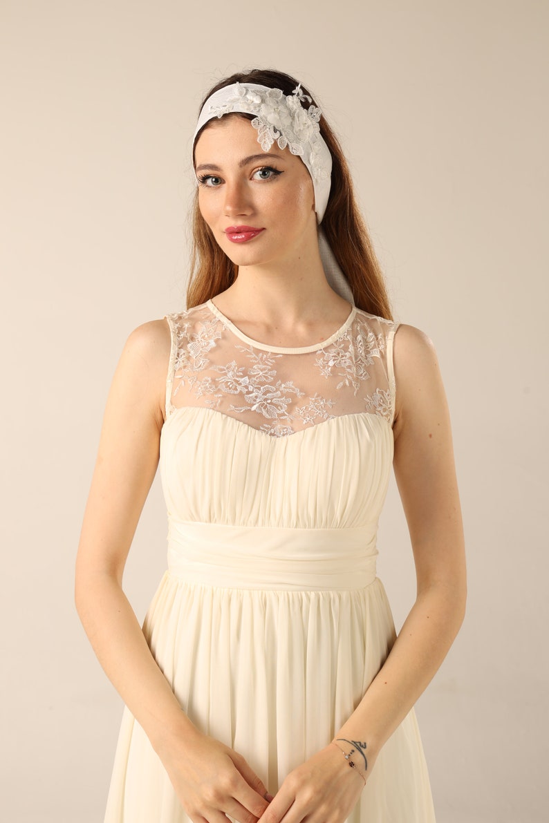 Bride Headbands , Linen embroidery headband, Bridal White Floral Bandana, Flower headband Wedding Turban for Minimalist wedding image 3
