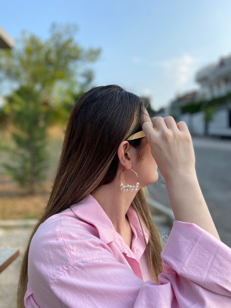 Glass Pearl Earrings, Pearl Hoops, Bridal Earrings, Statement Earrings, Gold Hoop Earrings image 1