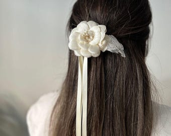 Flower Hair Accessories With Peals for wedding party , Beige Satin Hair Bow