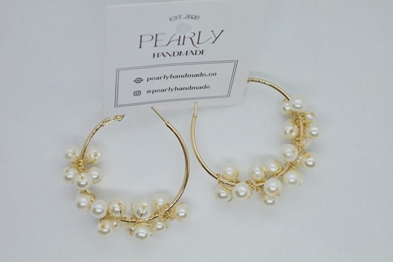 Glass Pearl Earrings, Pearl Hoops, Bridal Earrings, Statement Earrings, Gold Hoop Earrings image 2