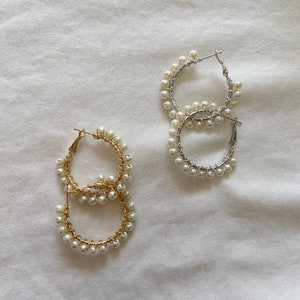 Pearl Hoop Earrings, Pearl Hoops, Pearl Hoop Earrings, Wedding Jewelry, Gold Hoop Earrings, Silver Pearl Earrings image 3