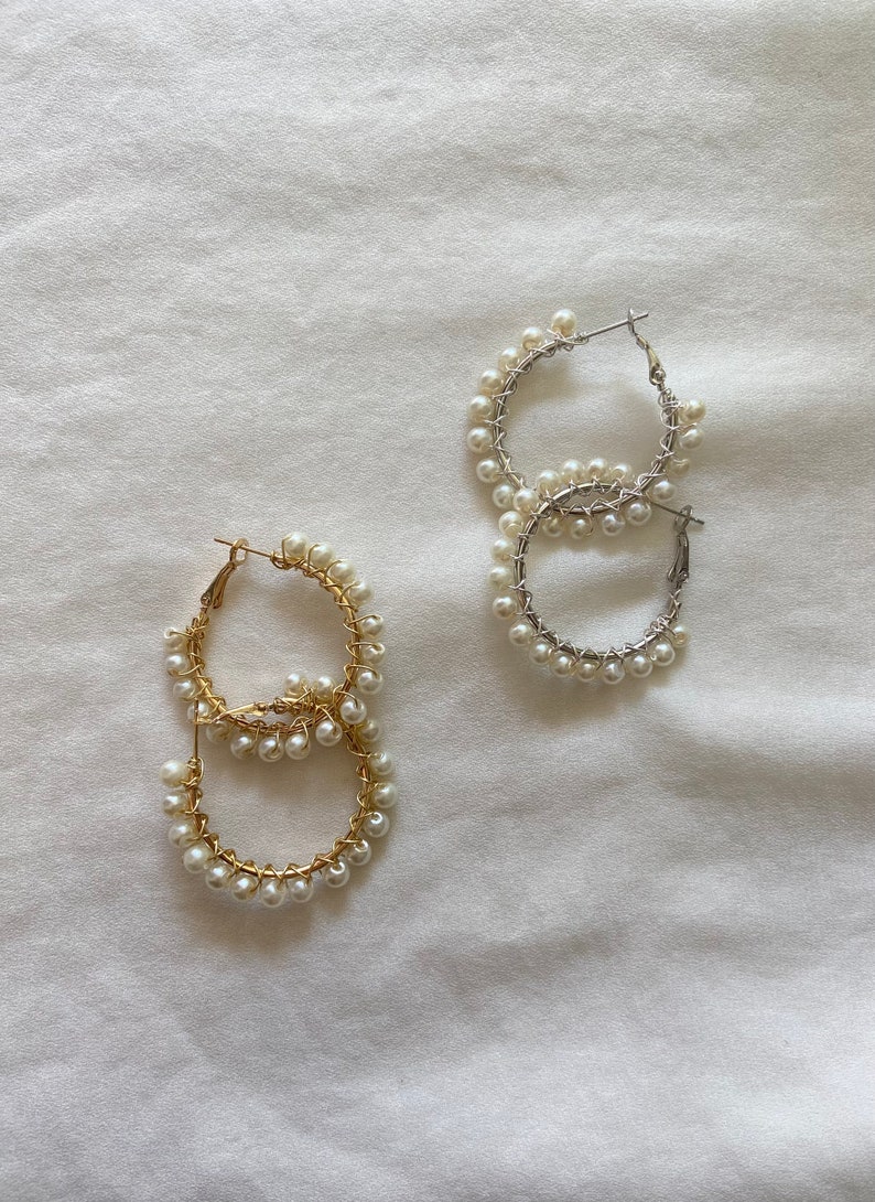 Pearl Hoop Earrings, Pearl Hoops, Pearl Hoop Earrings, Wedding Jewelry, Gold Hoop Earrings, Silver Pearl Earrings image 3