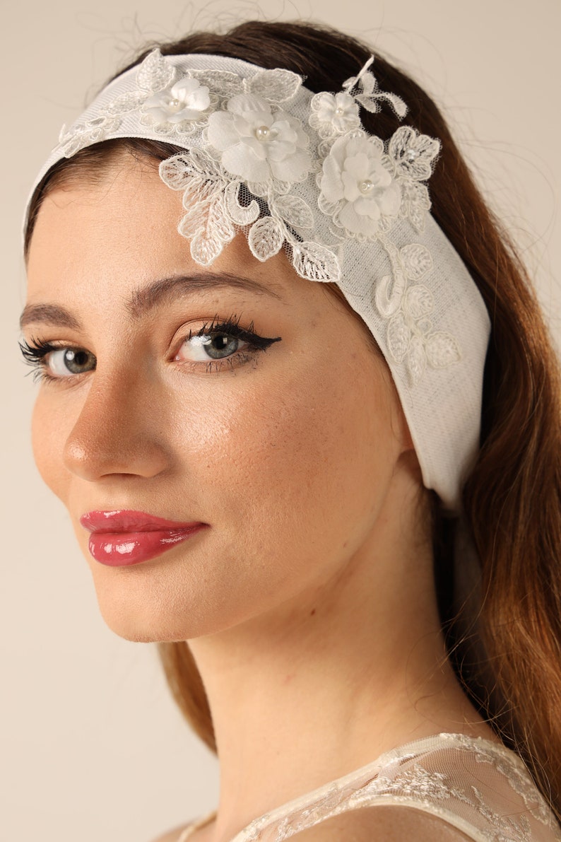 Bride Headbands , Linen embroidery headband, Bridal White Floral Bandana, Flower headband Wedding Turban for Minimalist wedding image 1