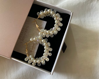 Pearl Bridal Earrings, Crystal Earring for Bride, Gold Hoops, Modern Pearl Drop Earrings, Wedding Jewelry